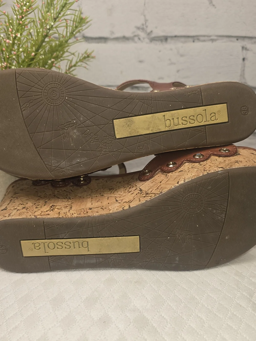 BUSSOLA MANSFIELD PLATFORM WEDGE SANDAL BROWN LEATHER CORK WOMENS 38